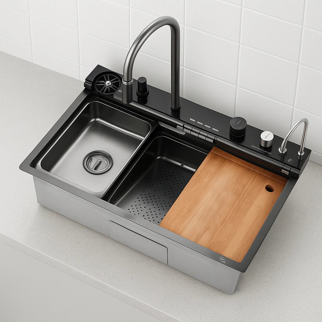 Bacha inteligente multifunción de acero Inoxidable nanoblack con grifería y accesorios