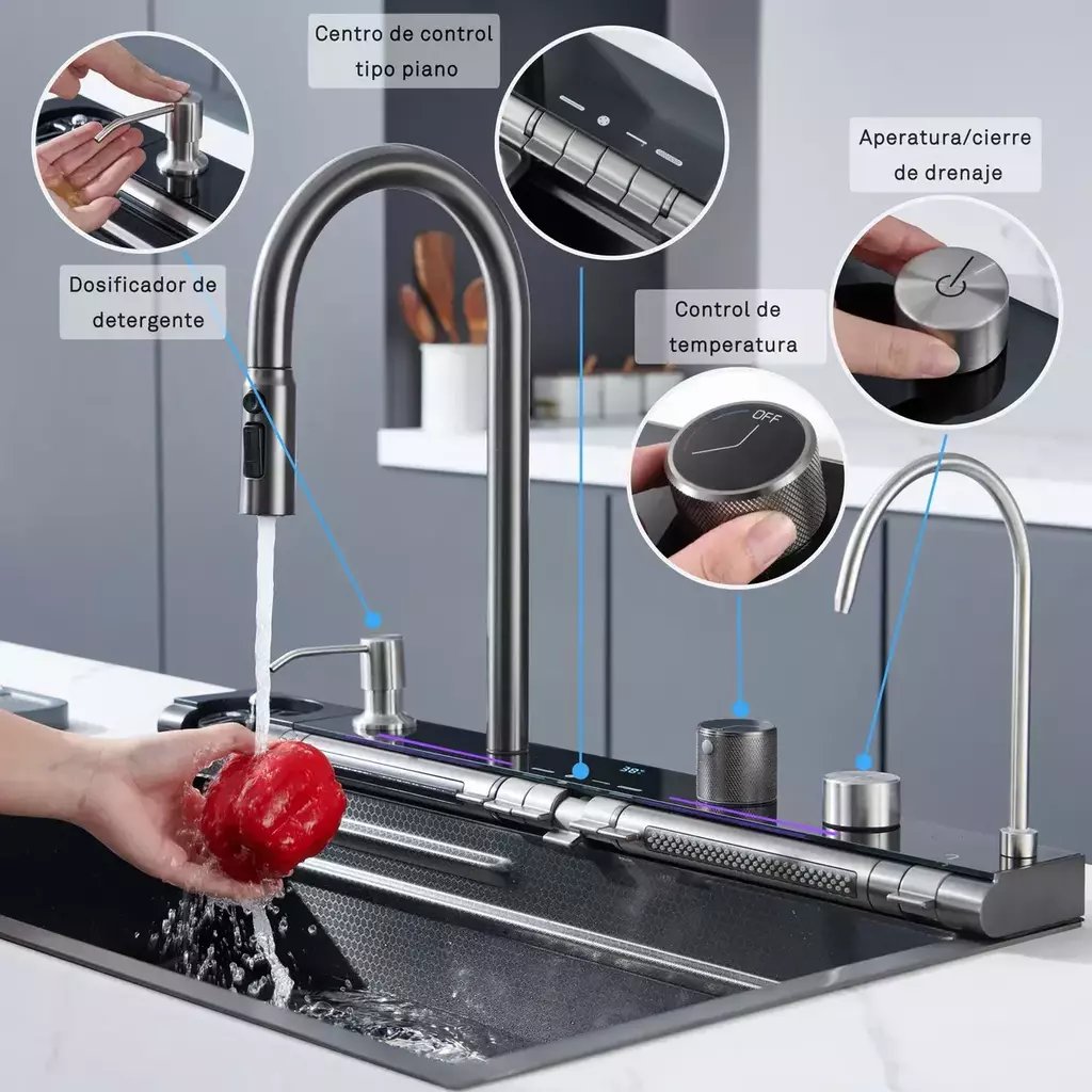 Bacha inteligente multifunción de acero Inoxidable nanoblack con grifería y accesorios